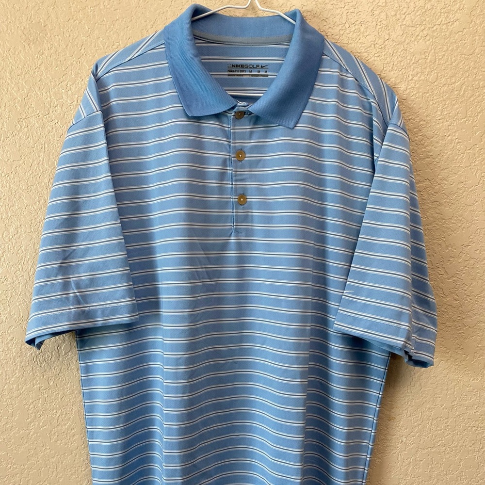 Nike Light Blue and White Striped Polo Shirt